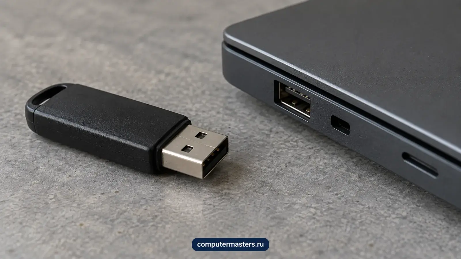 Флешка с разъёмом USB-A лежит на столе рядом со свободным USB-портом ноутбука