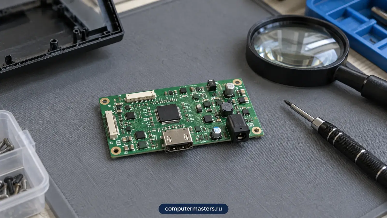Плата управления монитора со входом HDMI и гнездом питания на коврике, рядом лупа и отвёртка