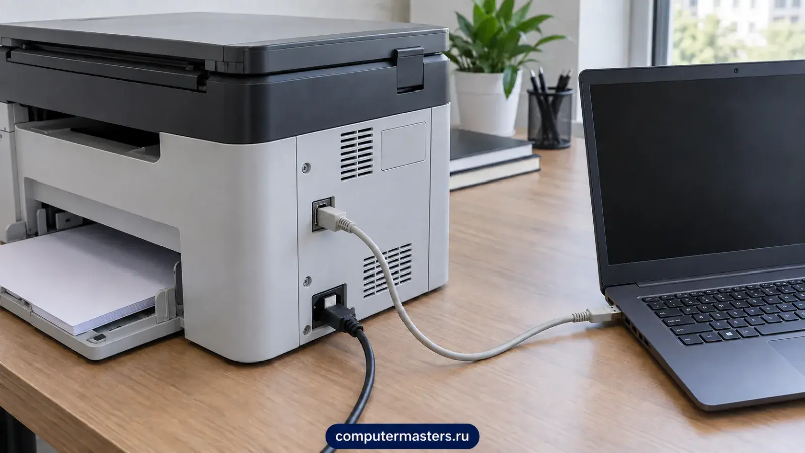 МФУ на столе подключено к ноутбуку кабелем USB, квадратный штекер вставлен в разъём на задней стенке принтера