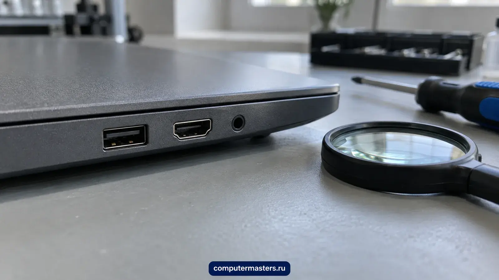 Боковая грань ноутбука крупным планом с разъёмами USB, HDMI и аудио, рядом лупа и отвёртка