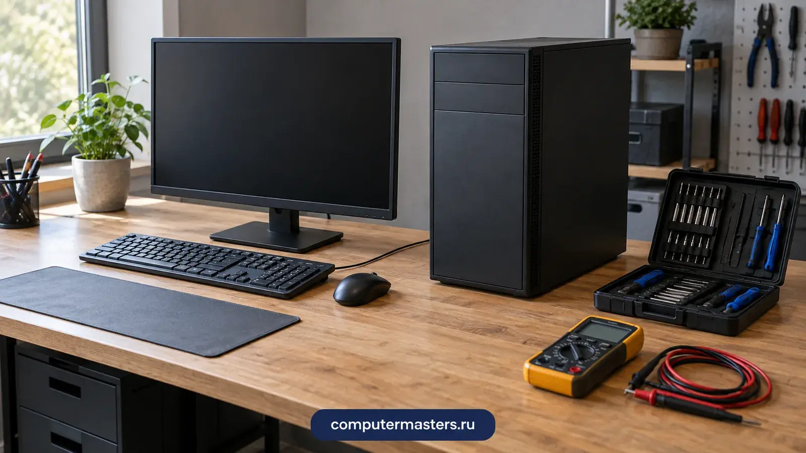 Рабочий стол с монитором, системным блоком и клавиатурой, рядом мультиметр со щупами и кейс с отвёртками