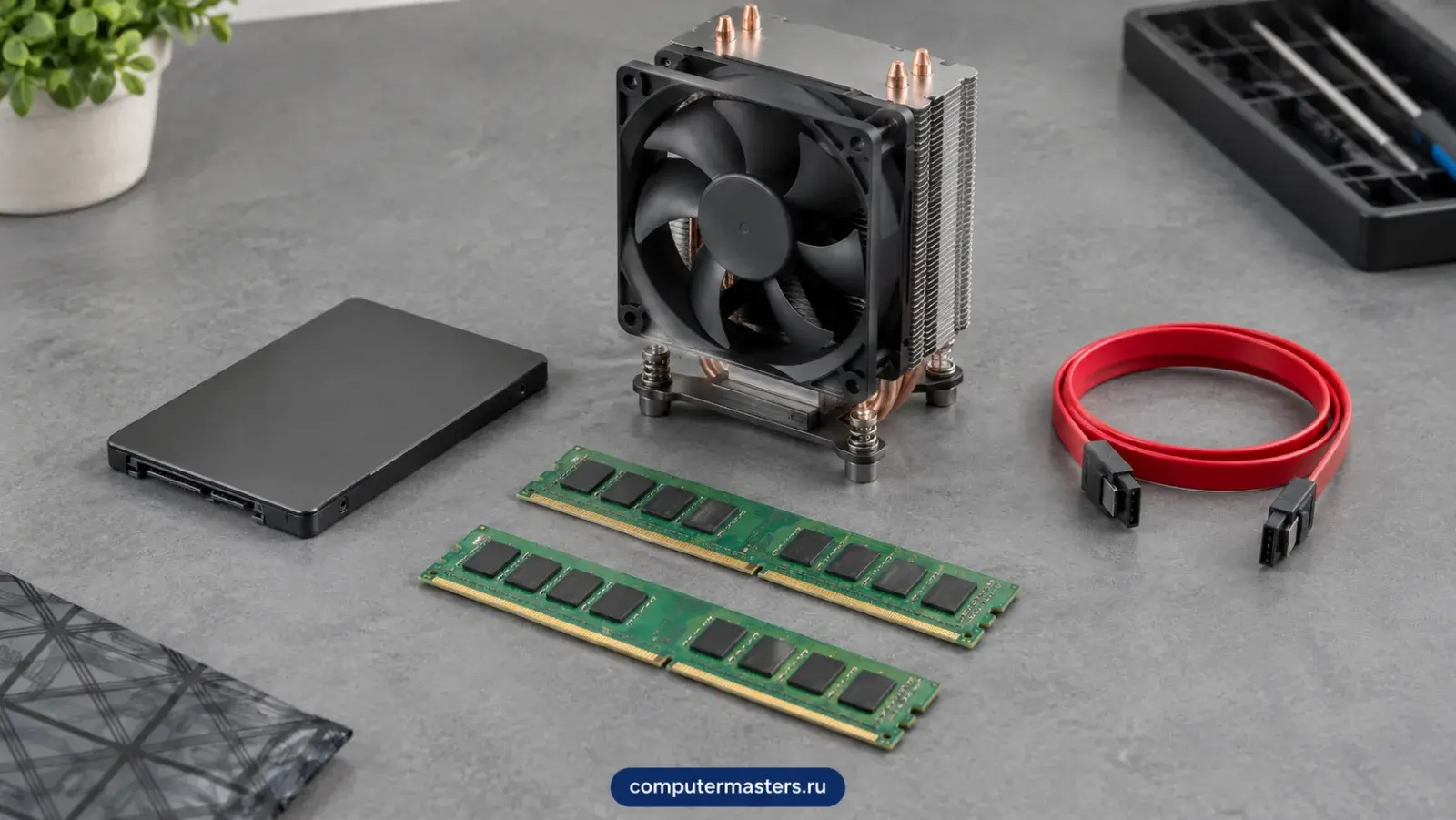 SSD 2,5 дюйма, два модуля памяти, башенный кулер и красный кабель SATA разложены на сером столе