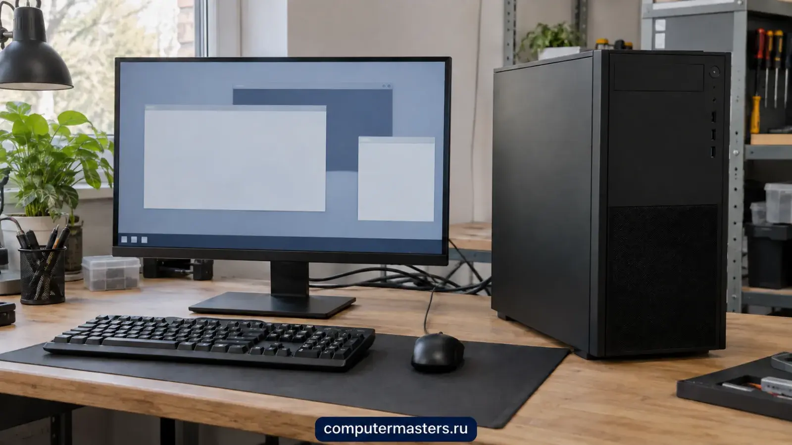 Собранный системный блок и монитор с открытыми окнами на проверочном столе мастерской, рядом клавиатура и мышь