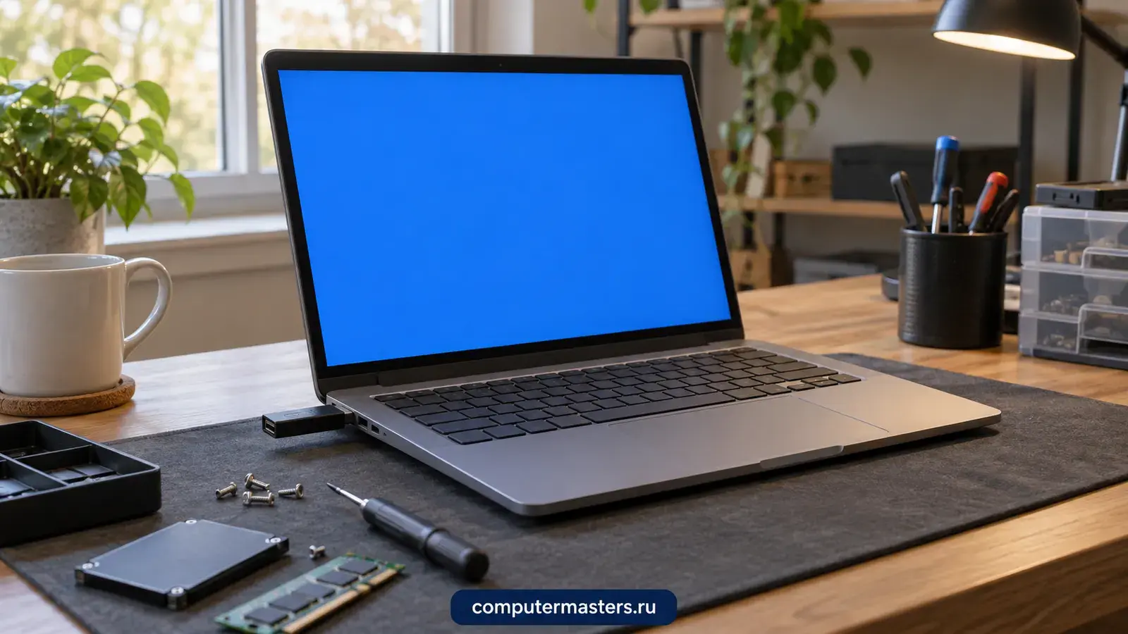 Ноутбук на столе с флешкой в боковом USB-порту, экран залит синим цветом, рядом на коврике SSD, модуль памяти и отвёртка