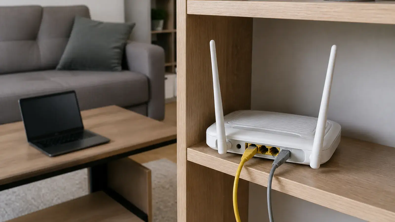 Домашний Wi-Fi роутер с двумя антеннами на полке в гостиной, к нему подключён кабель, на журнальном столике открытый ноутбук