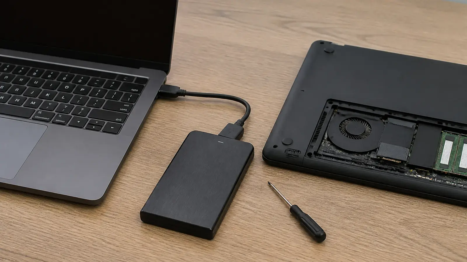 Диск, вынутый из ноутбука, в чёрном USB-корпусе подключён к другому работающему ноутбуку, рядом отвёртка и ноутбук со снятой крышкой