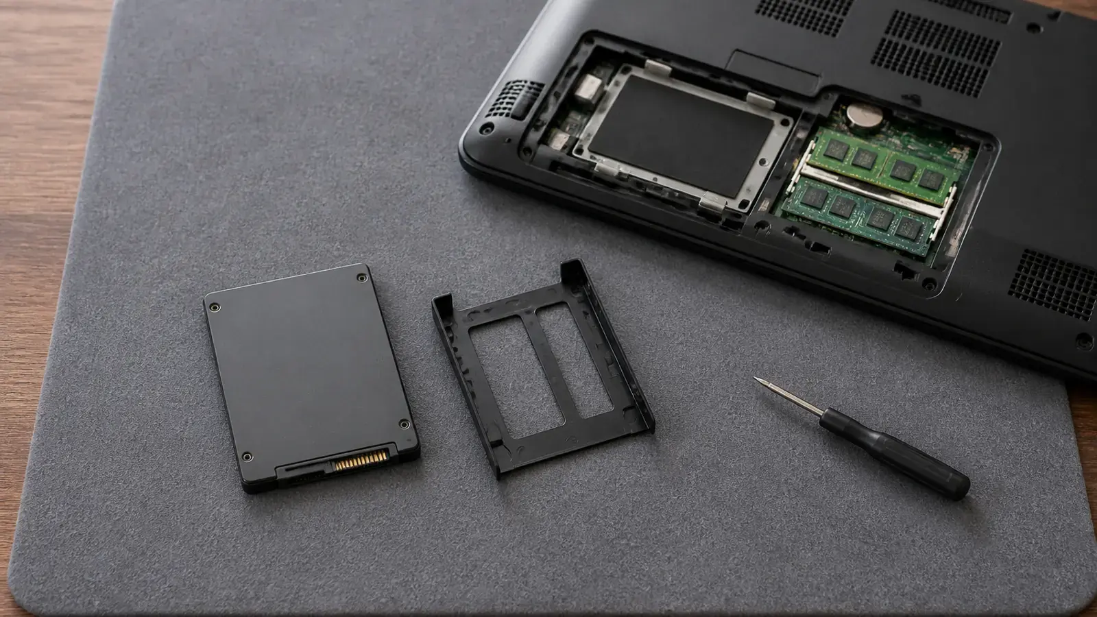 Тонкий SSD и небольшой лоток-переходник на сером коврике рядом с ноутбуком со снятой крышкой, видны отсек диска и слоты памяти