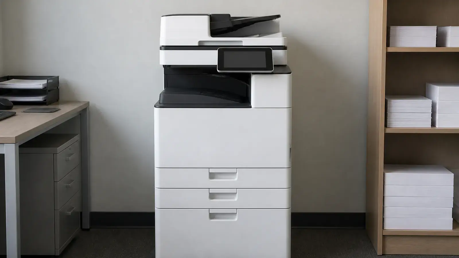 Большое напольное лазерное МФУ с автоподатчиком у стены небольшого офиса, рядом стол и стеллаж со стопками бумаги