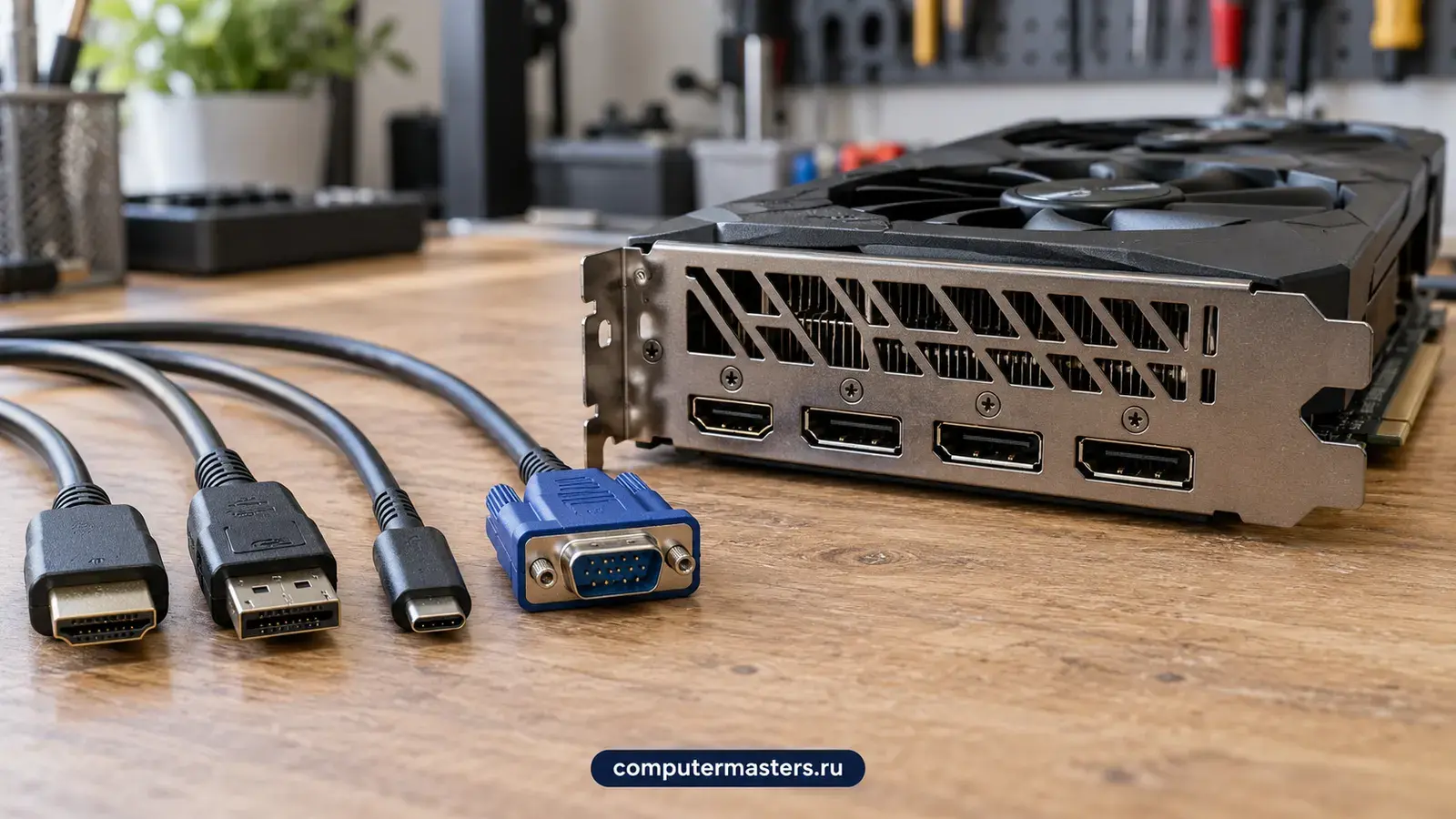 Кабели HDMI, DisplayPort, USB-C и VGA на столе, рядом задняя планка видеокарты с выходами HDMI и DisplayPort