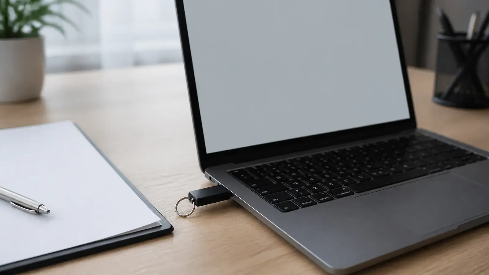 Маленький чёрный USB-токен с металлическим кольцом вставлен в боковой порт ноутбука с светло-серым экраном, рядом на офисном столе чистый лист бумаги