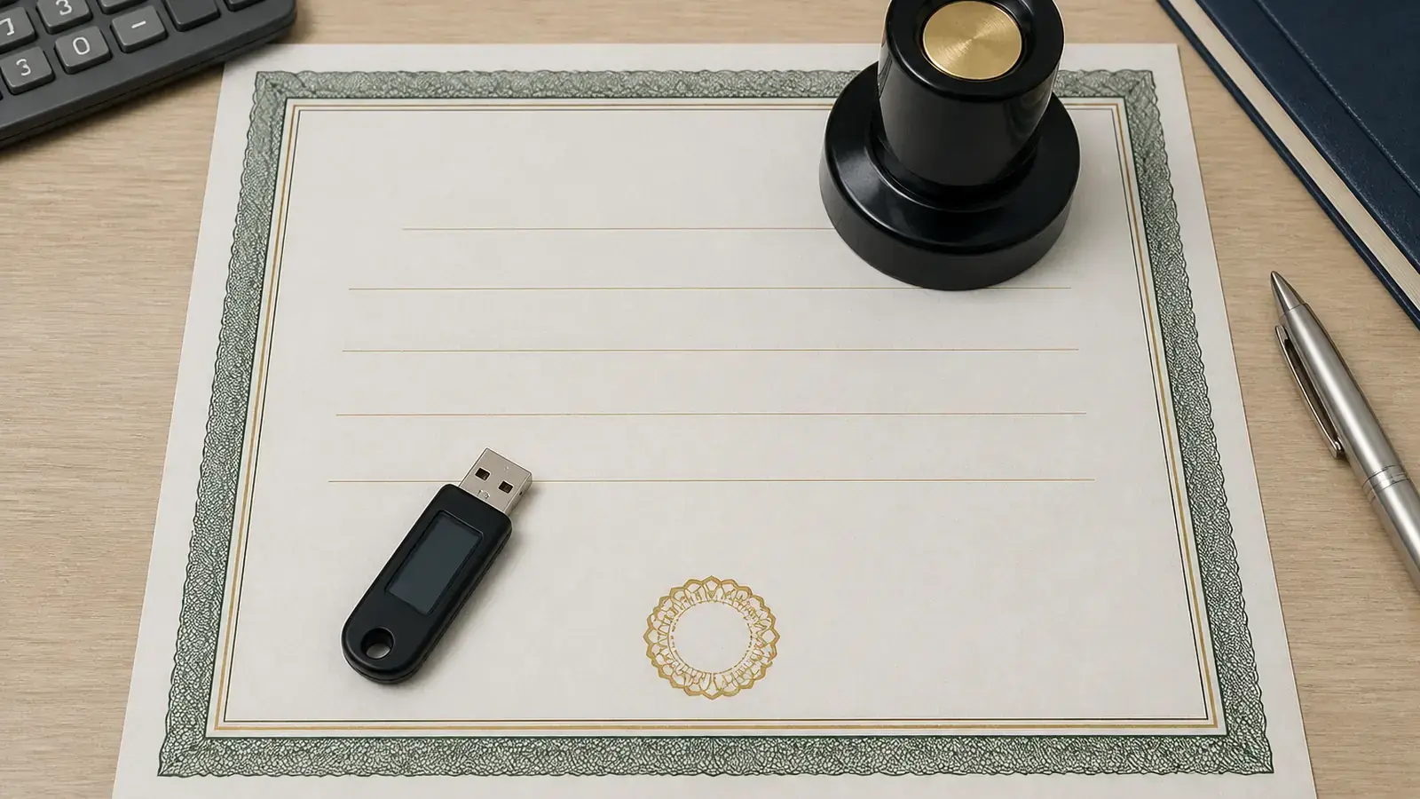 На столе бухгалтера лежат USB-токен и бланк сертификата с пустыми линованными строками, рядом резиновая печать без букв, вид сверху