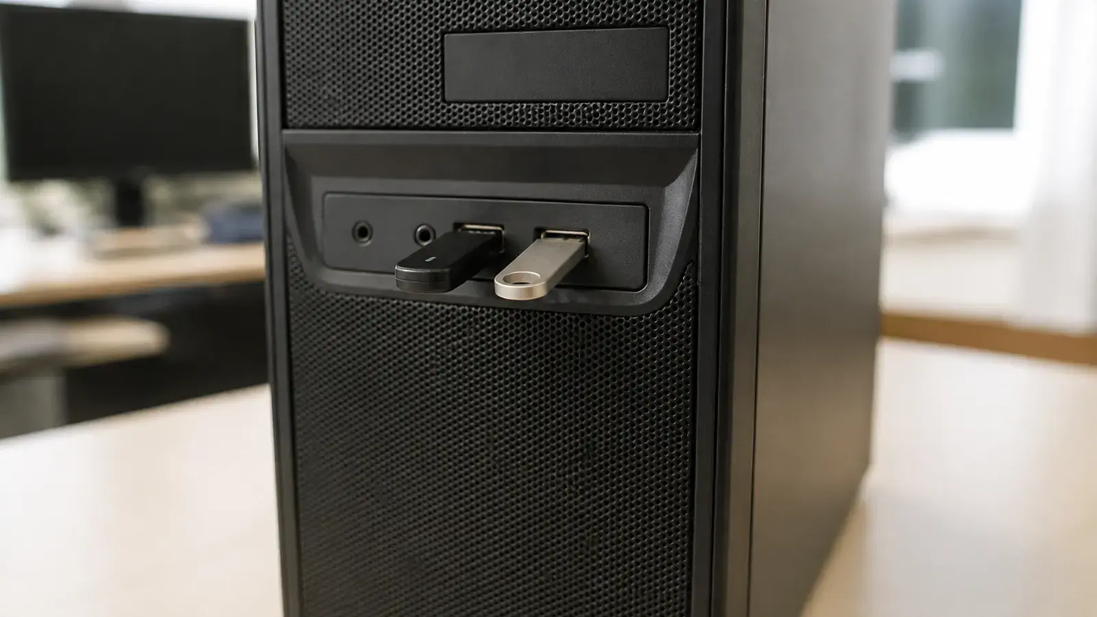 Крупный план передней панели системного блока: в один из USB-портов вставлен USB-токен, рядом второй порт с другим устройством, фон размыт