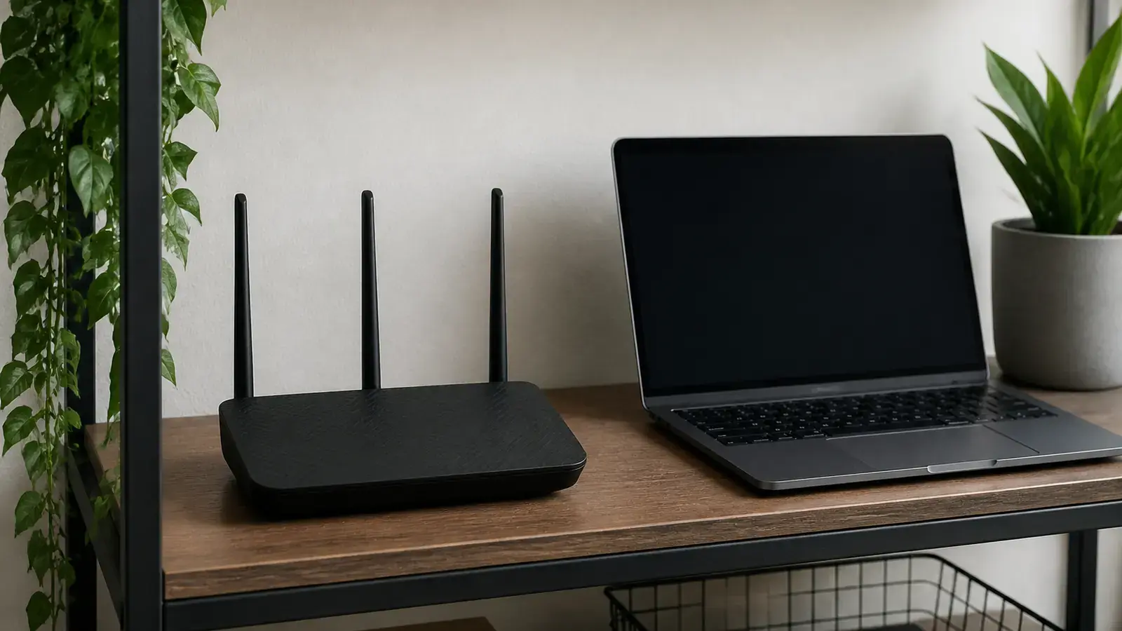 Чёрный Wi-Fi роутер с тремя антеннами стоит на деревянной полке рядом с ноутбуком с тёмным экраном и комнатным растением