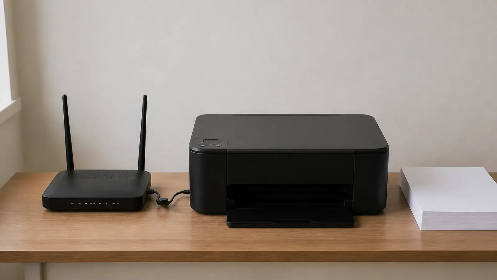Чёрный Wi-Fi роутер с двумя антеннами и чёрный струйный принтер стоят рядом на столе, между ними короткий USB-кабель, справа стопка чистой бумаги
