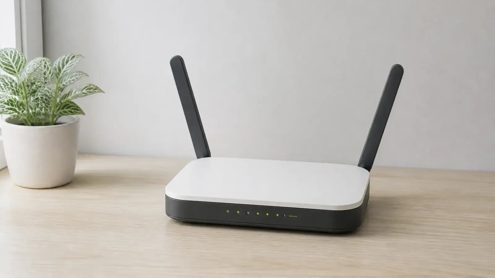 Компактный белый Wi-Fi роутер с тёмно-серым основанием и двумя поднятыми антеннами стоит на светлом столе рядом с комнатным растением