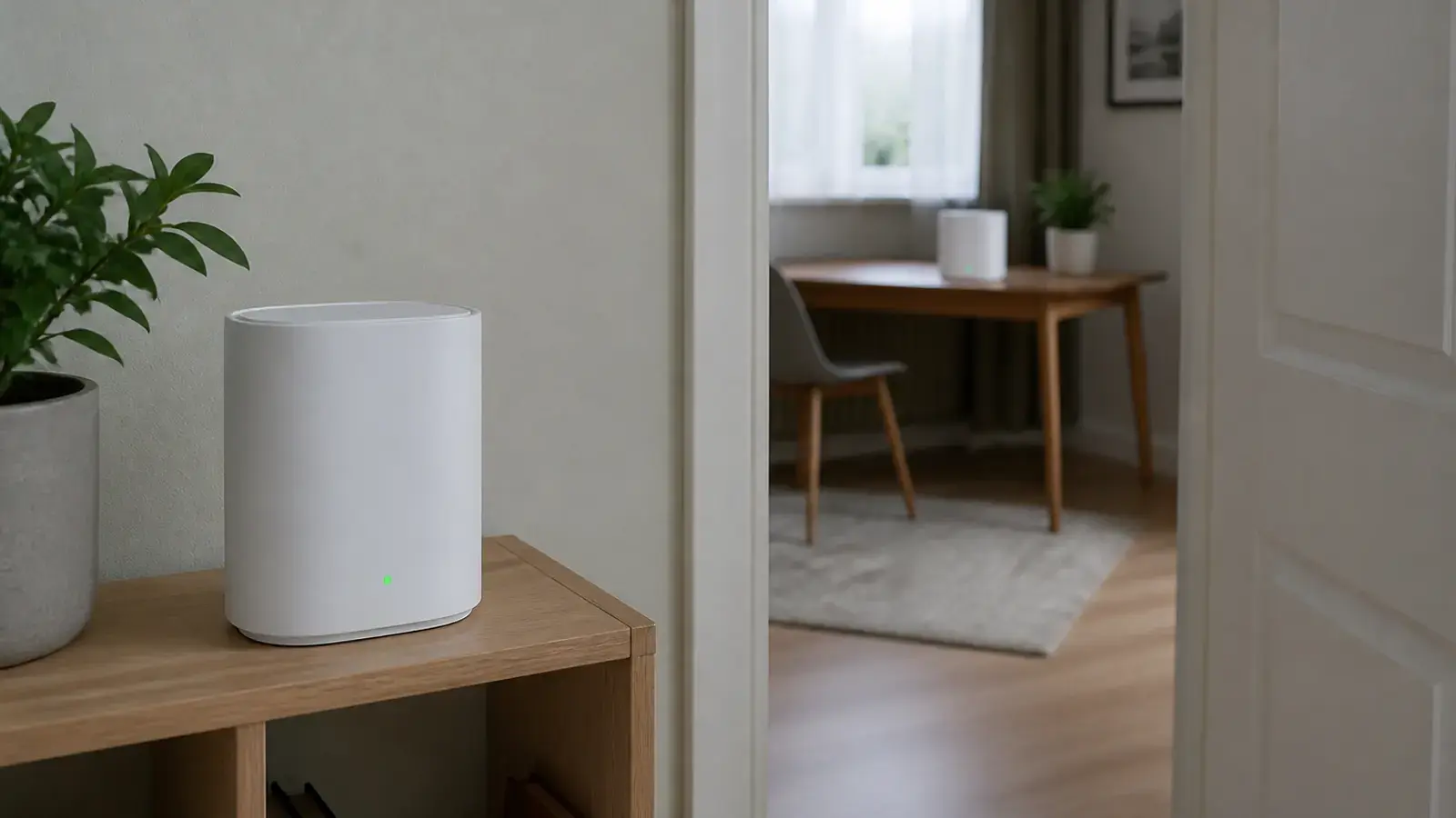 Белый блок Wi-Fi-системы с зелёным индикатором стоит на деревянной тумбе в прихожей, в глубине через открытую дверь виден второй такой же блок на столе в комнате