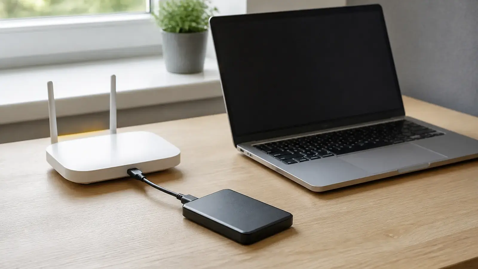 Белый роутер с двумя антеннами стоит на светлом деревянном столе, к нему кабелем подключён внешний жёсткий диск в чёрном корпусе, рядом ноутбук с тёмным экраном