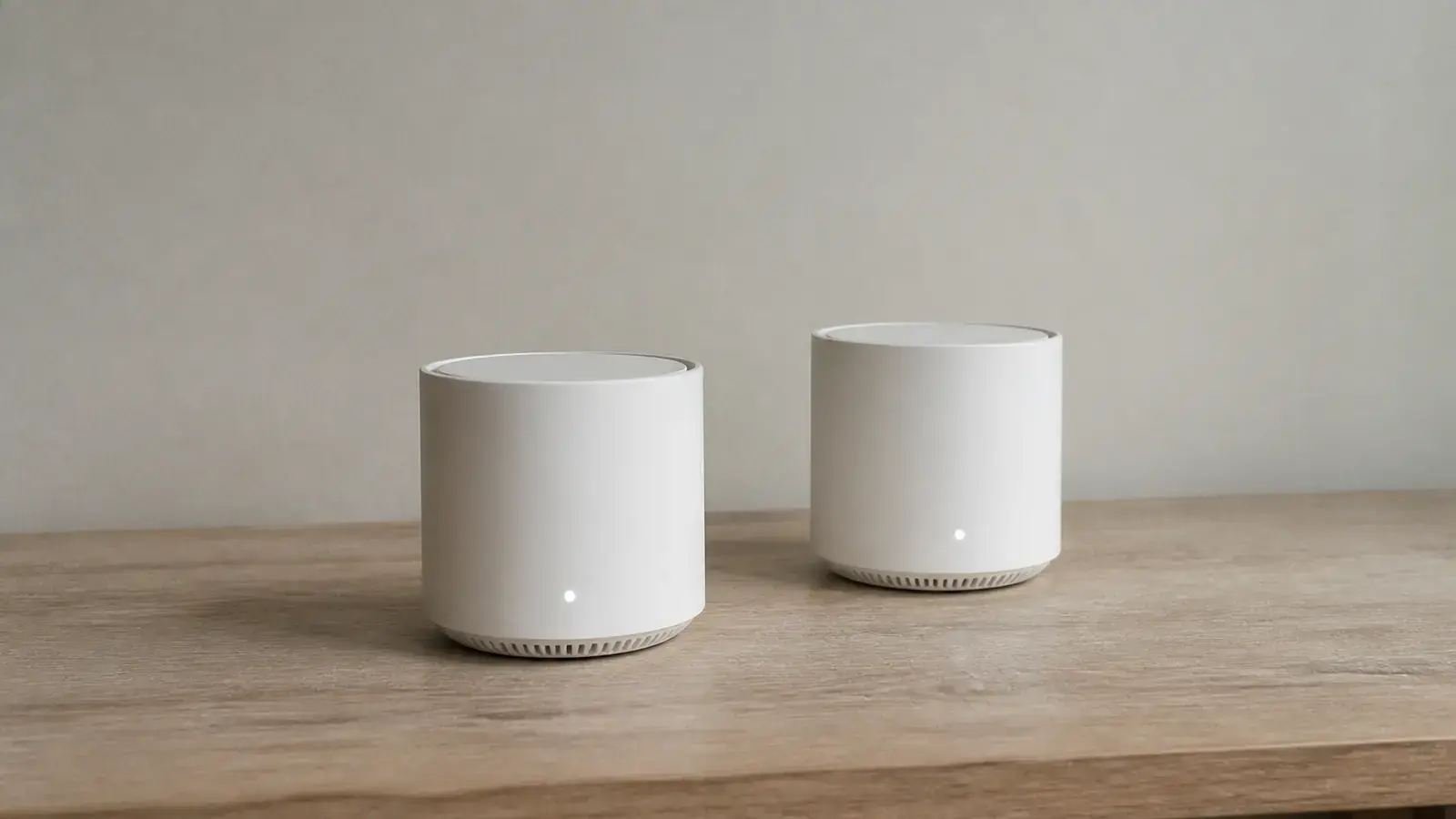 Два одинаковых белых цилиндрических блока Wi-Fi-системы с одним светящимся индикатором стоят на светлом деревянном столе