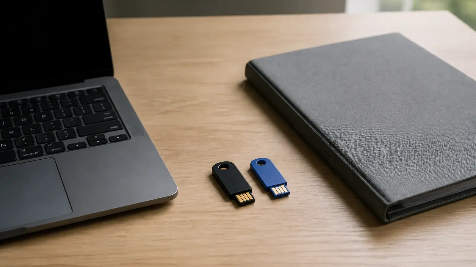 Два небольших USB-токена разного цвета лежат рядом на столе возле ноутбука с тёмным экраном и закрытой папки