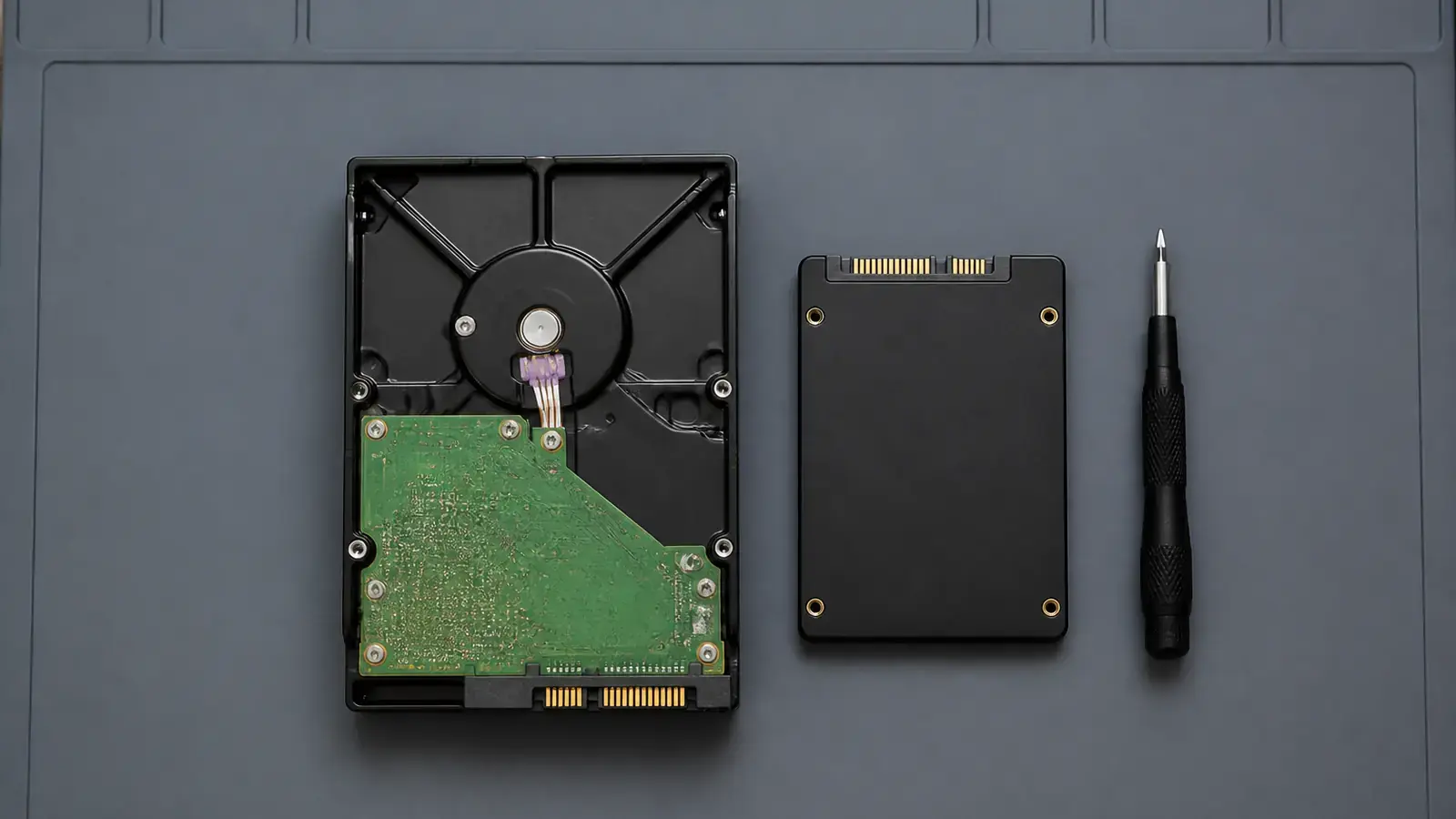 Жёсткий диск 3,5 дюйма и тонкий SSD 2,5 дюйма лежат рядом на серой антистатической подложке, рядом маленькая отвёртка, вид сверху