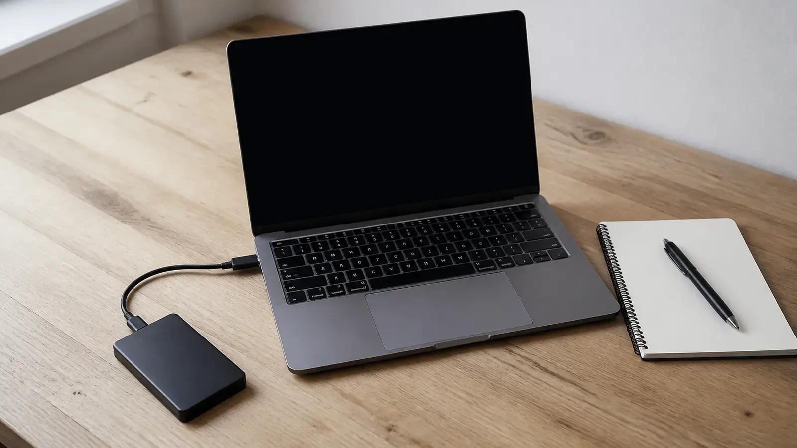 Небольшой чёрный USB-бокс с SSD подключён к ноутбуку с тёмным экраном на рабочем столе, рядом блокнот с чистым листом и ручка