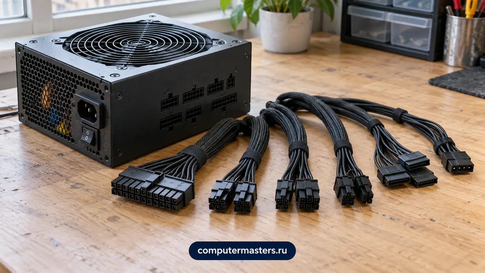 Чёрный модульный блок питания на столе, перед ним разложены кабели с разными разъёмами