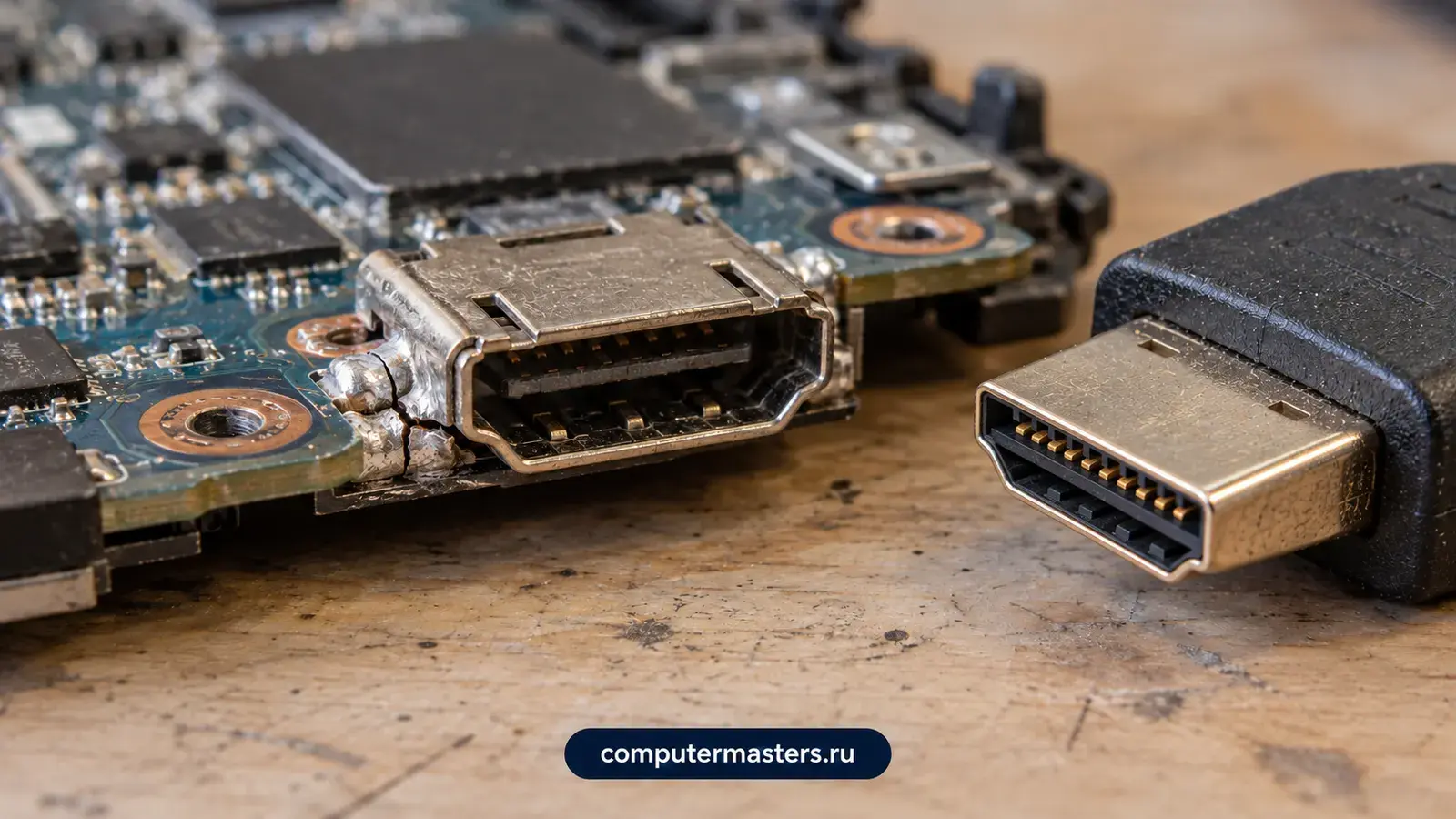 Разъём HDMI на плате ноутбука крупным планом: у металлических лапок трещина пайки, справа штекер кабеля