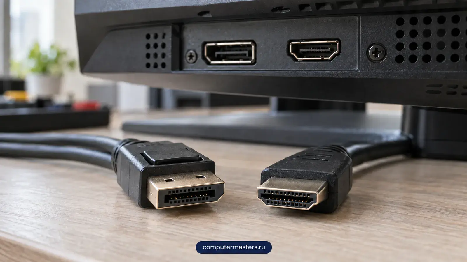 Разъёмы DisplayPort и HDMI на задней панели монитора и штекеры кабелей перед ними