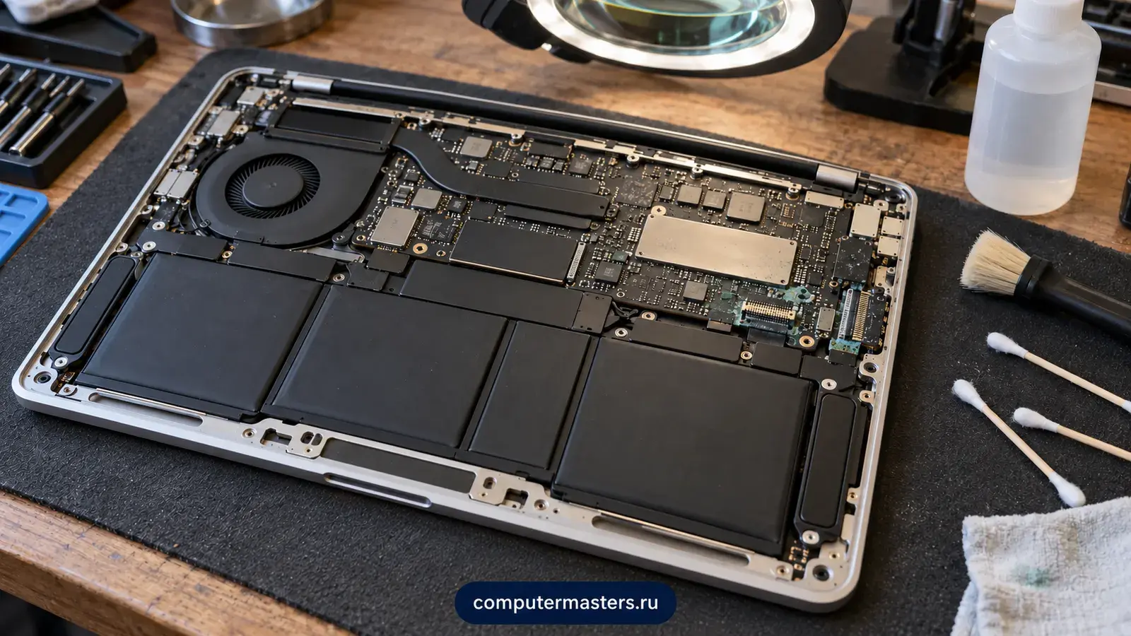 Вскрытый MacBook на антистатическом коврике: плата, батарея и вентилятор, рядом кисточка, ватные палочки, флакон с жидкостью и лампа-лупа