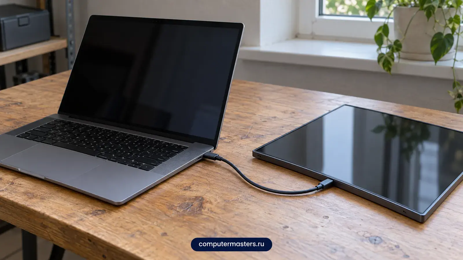 Ноутбук, подключённый одним кабелем USB-C к тонкому портативному монитору на столе