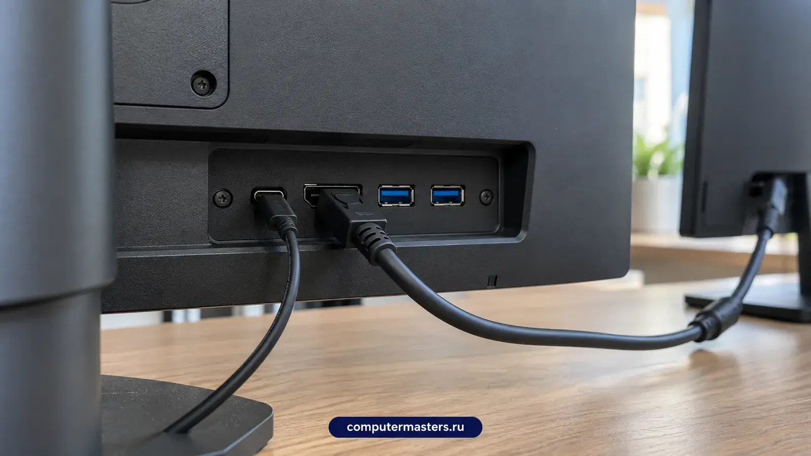 Порты на задней панели монитора: USB-C, DisplayPort и USB-A, подключены кабели