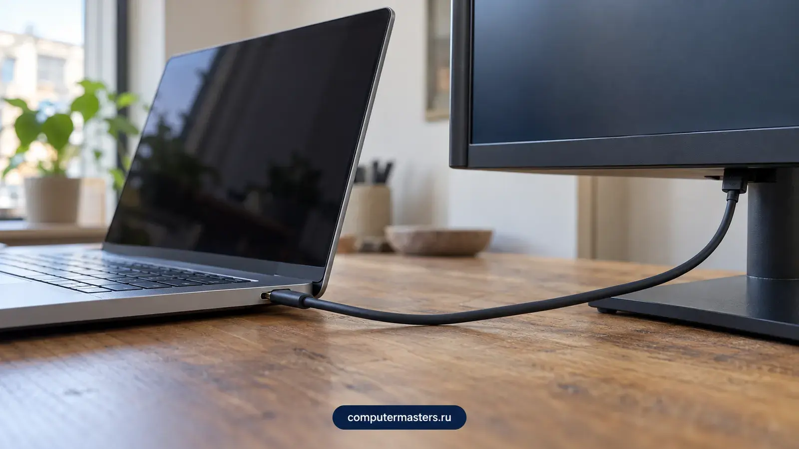 Ноутбук подключён к монитору одним кабелем USB-C