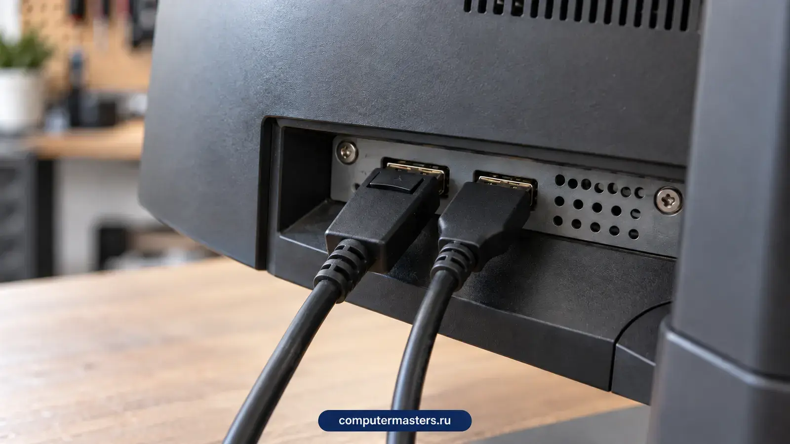 Задняя панель монитора крупным планом: в разъёмы вставлены кабели DisplayPort и HDMI