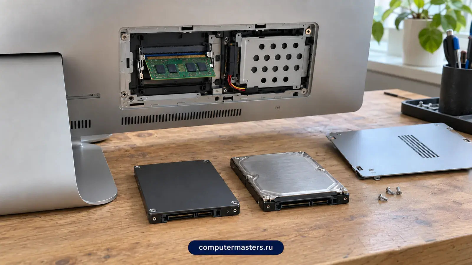 Моноблок с открытым сервисным люком, рядом SSD, жёсткий диск и крышка люка