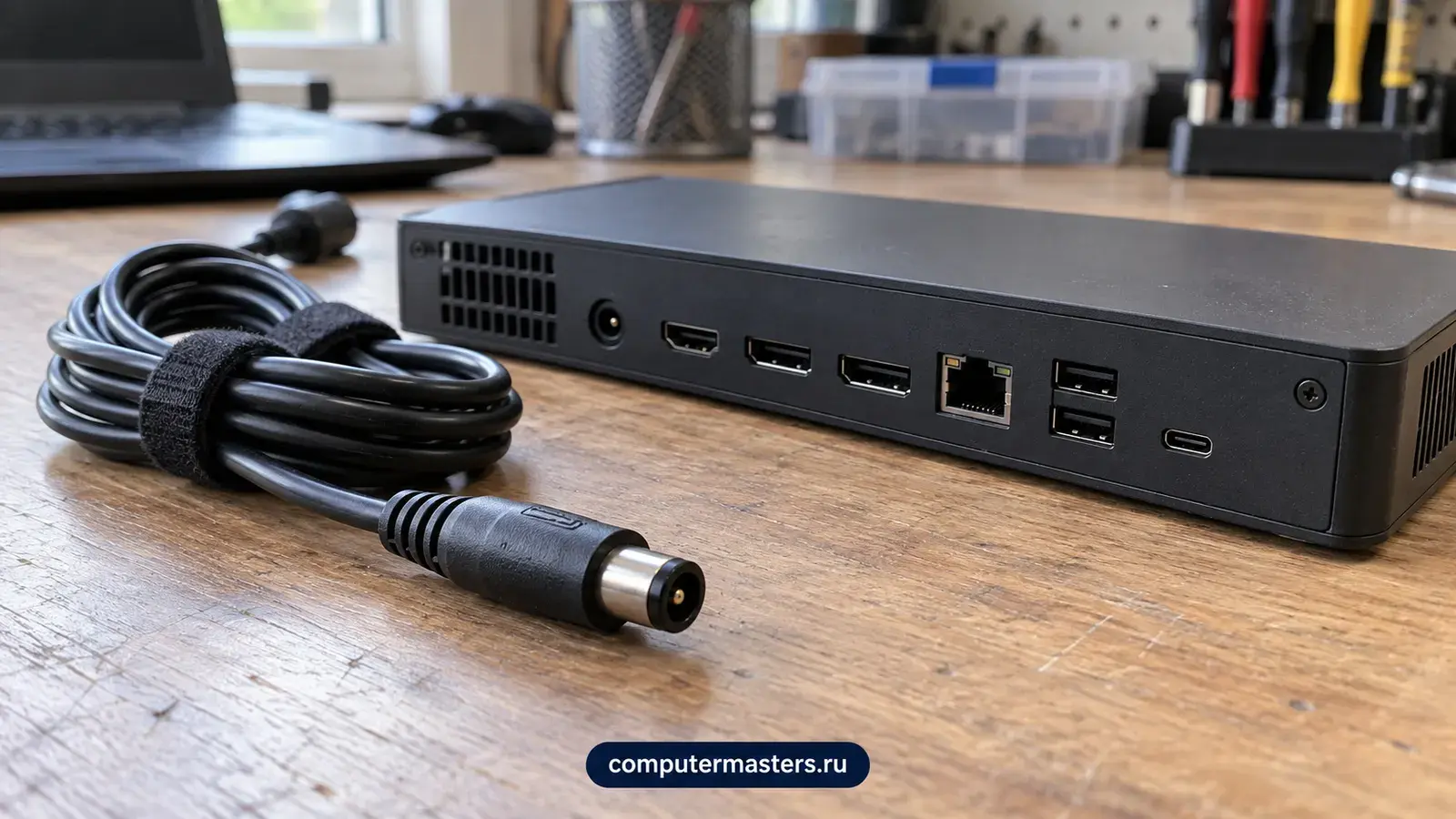 Док-станция с разъёмами HDMI, DisplayPort, Ethernet и USB рядом с зарядным кабелем и круглым штекером