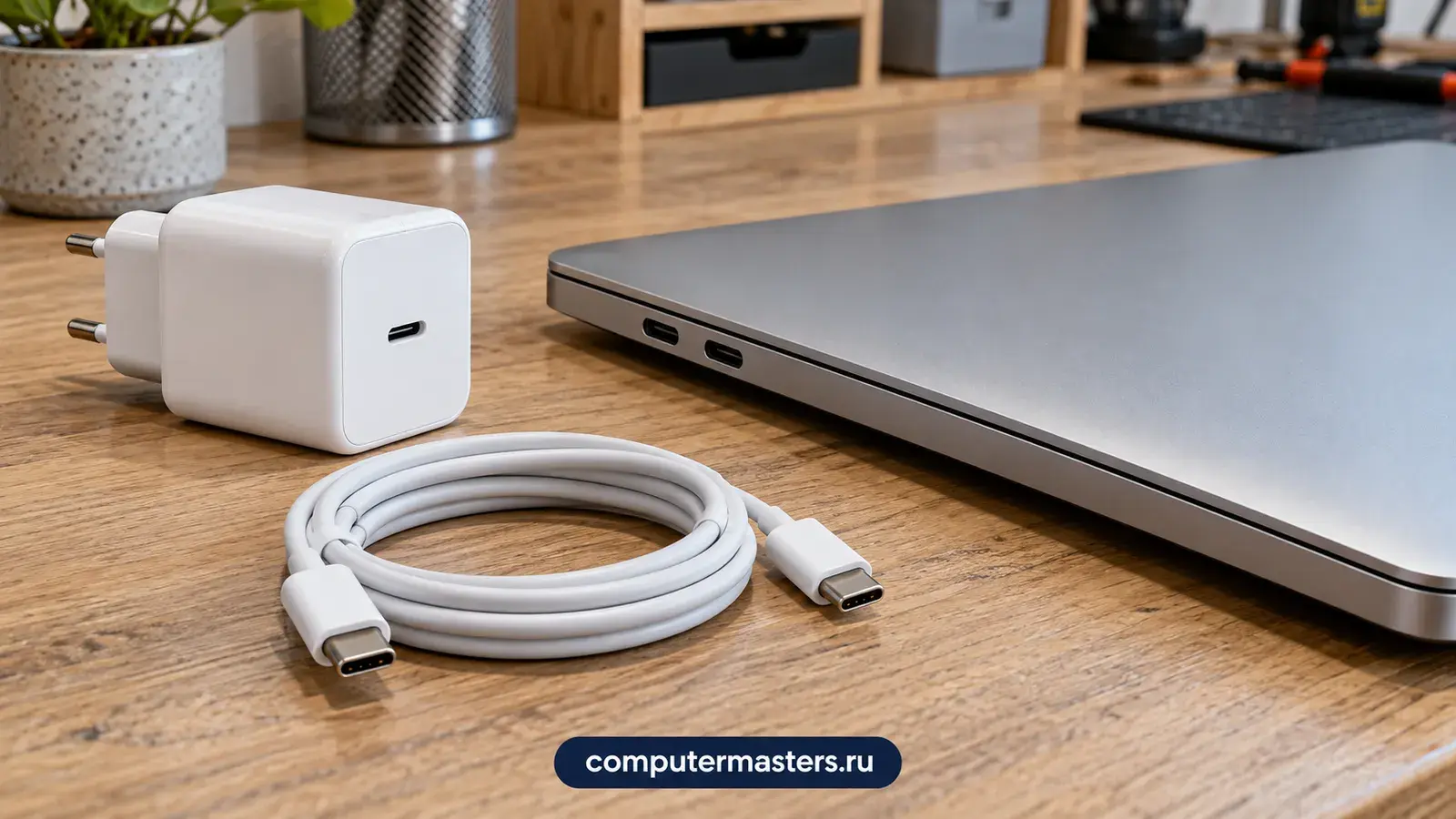 Тонкий металлический ноутбук с двумя портами Type-C на боку, рядом белый адаптер и смотанный белый кабель Type-C