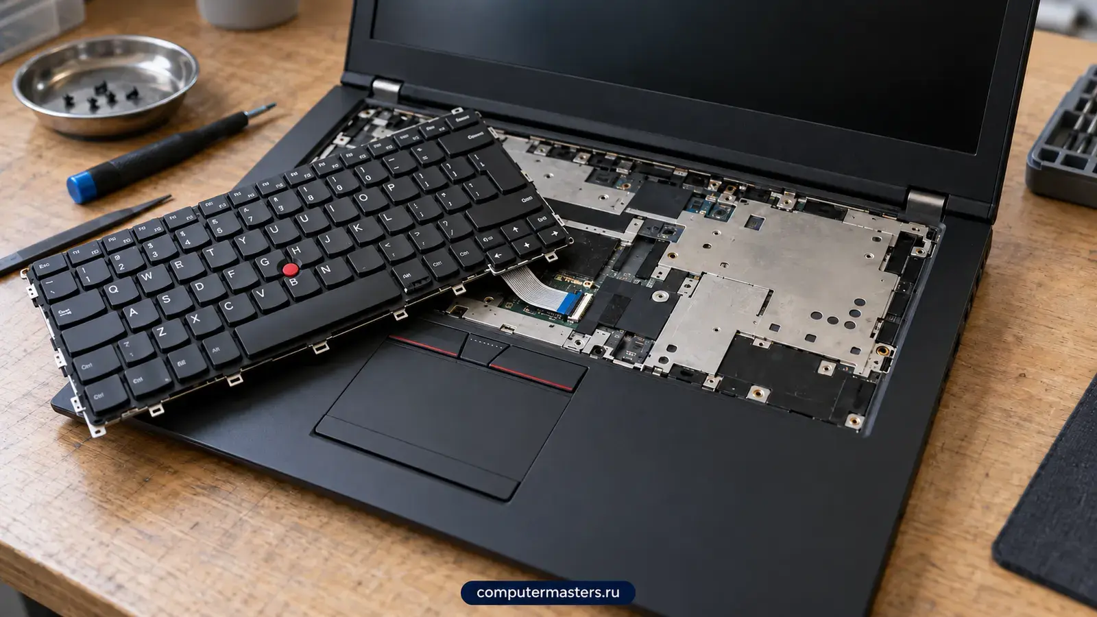ThinkPad с приподнятой клавиатурой: под ней виден шлейф и металлическая подложка, красный джойстик TrackPoint и кнопки над тачпадом