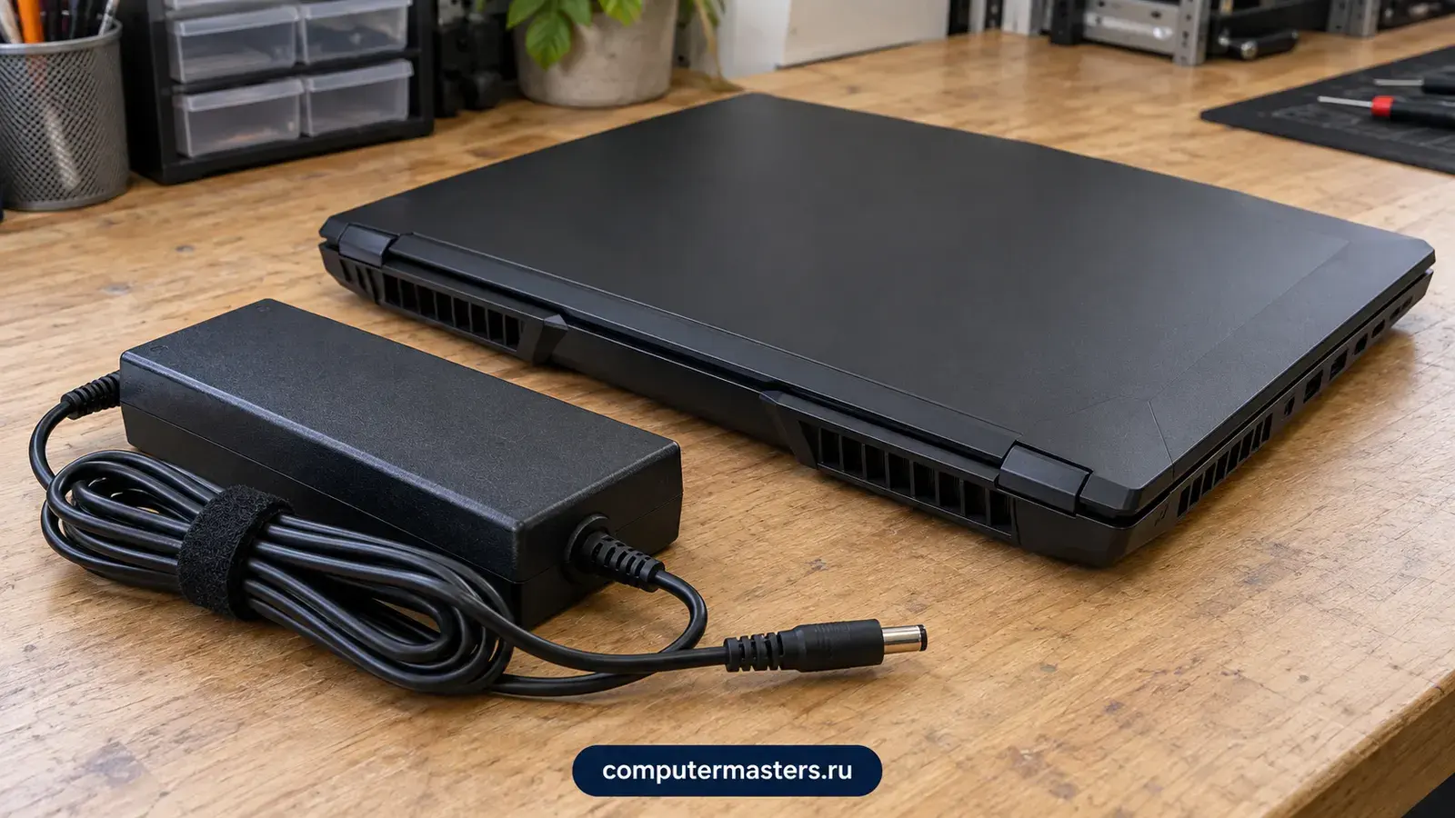 Закрытый игровой ноутбук на столе рядом с большим адаптером питания и смотанным кабелем