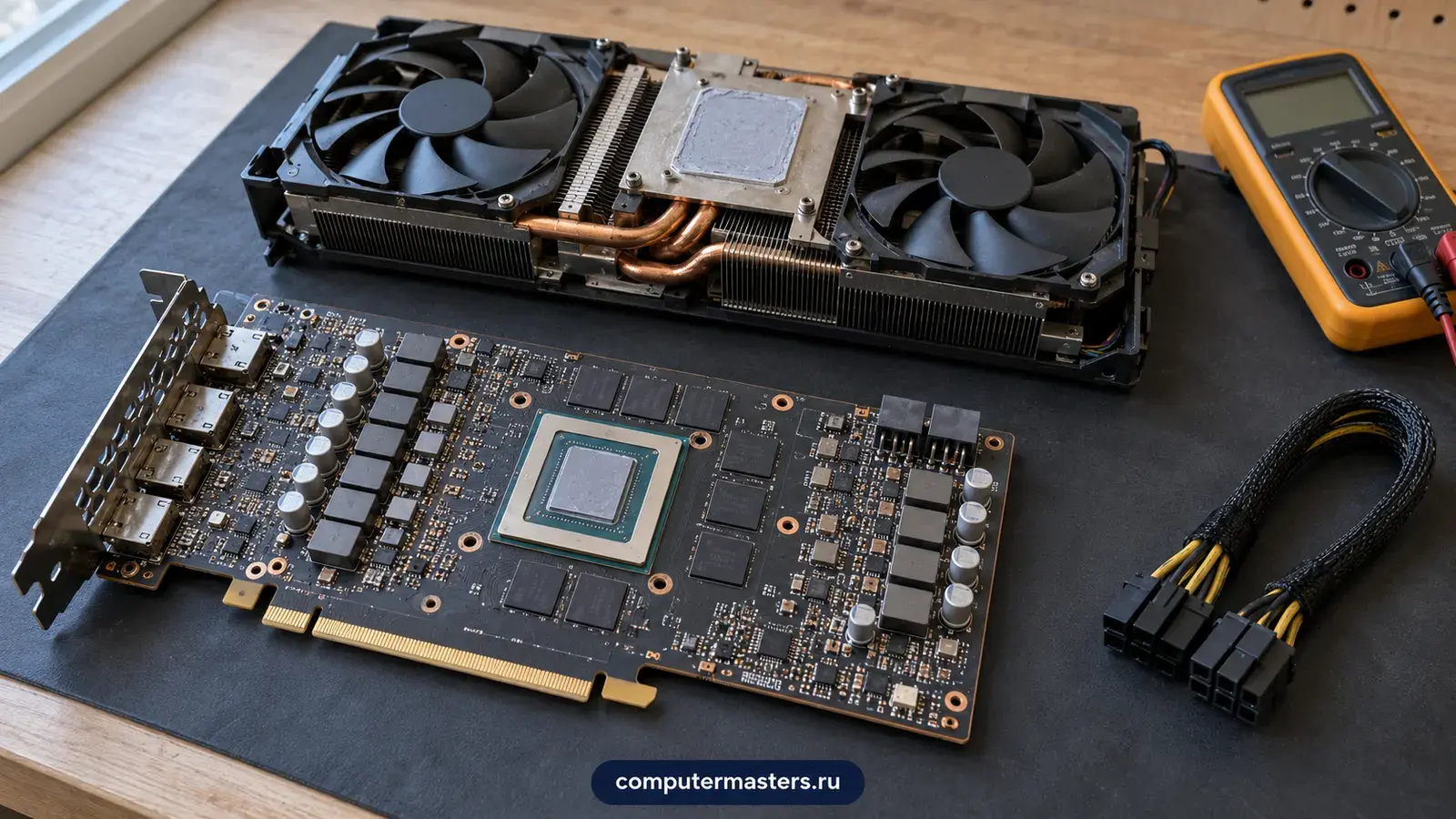 Видеокарта Radeon со снятым кулером на чёрном коврике, рядом мультиметр и кабель питания PCIe