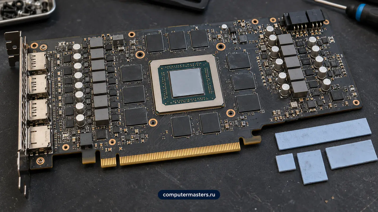 Печатная плата видеокарты Radeon: видеочип в центре, вокруг микросхемы памяти, справа три термопрокладки разного размера