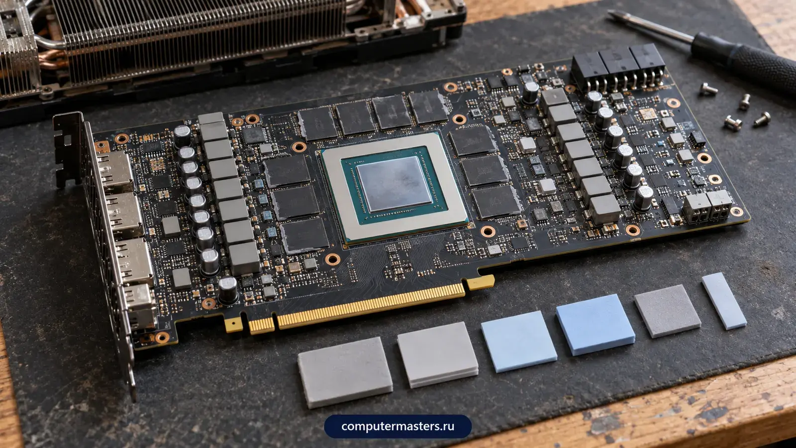 Плата GeForce без кулера, справа в ряд лежат термопрокладки разной толщины и цвета
