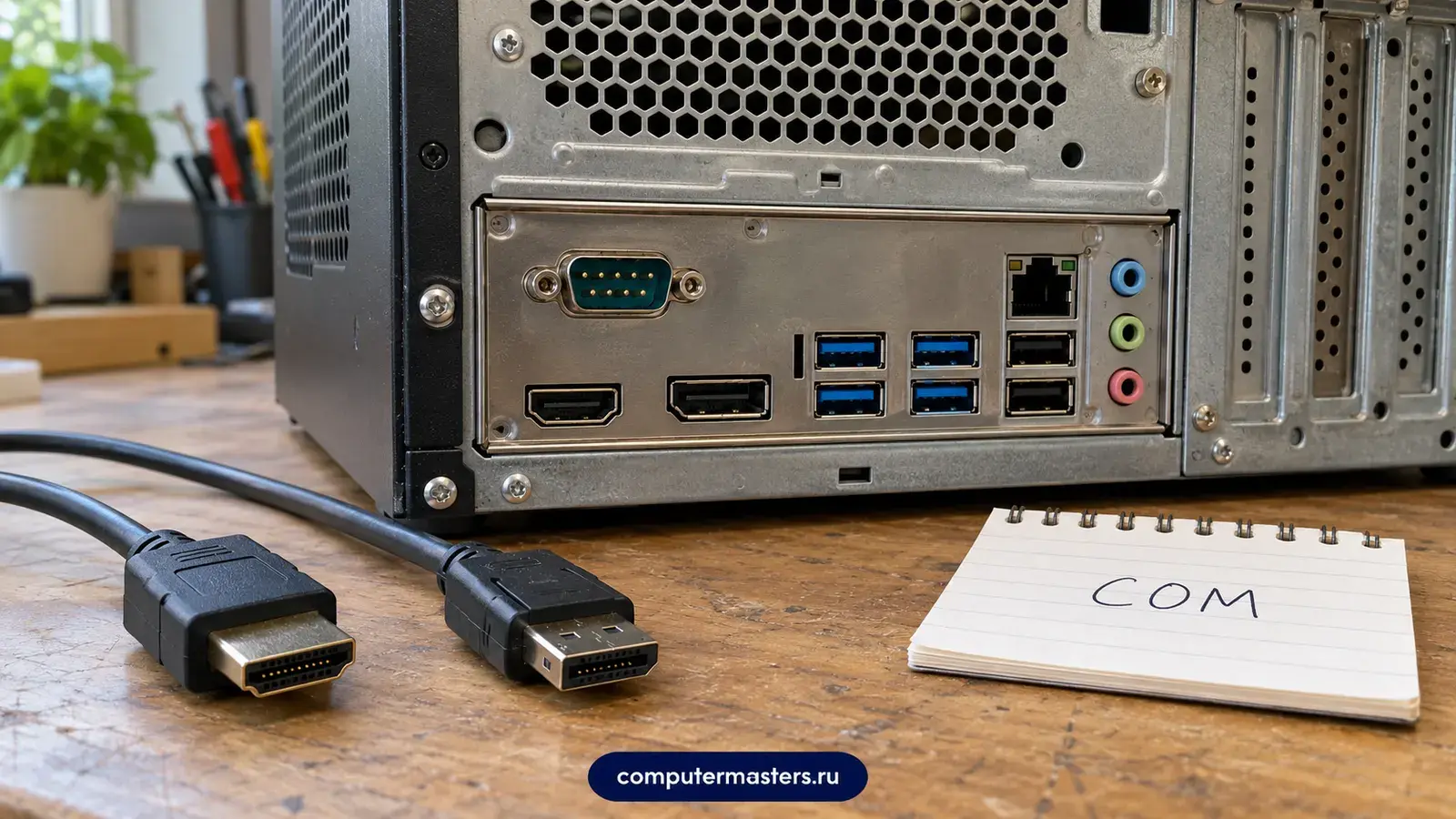 Задняя панель офисного компьютера с портами, рядом кабели HDMI и DisplayPort и записка со словом COM