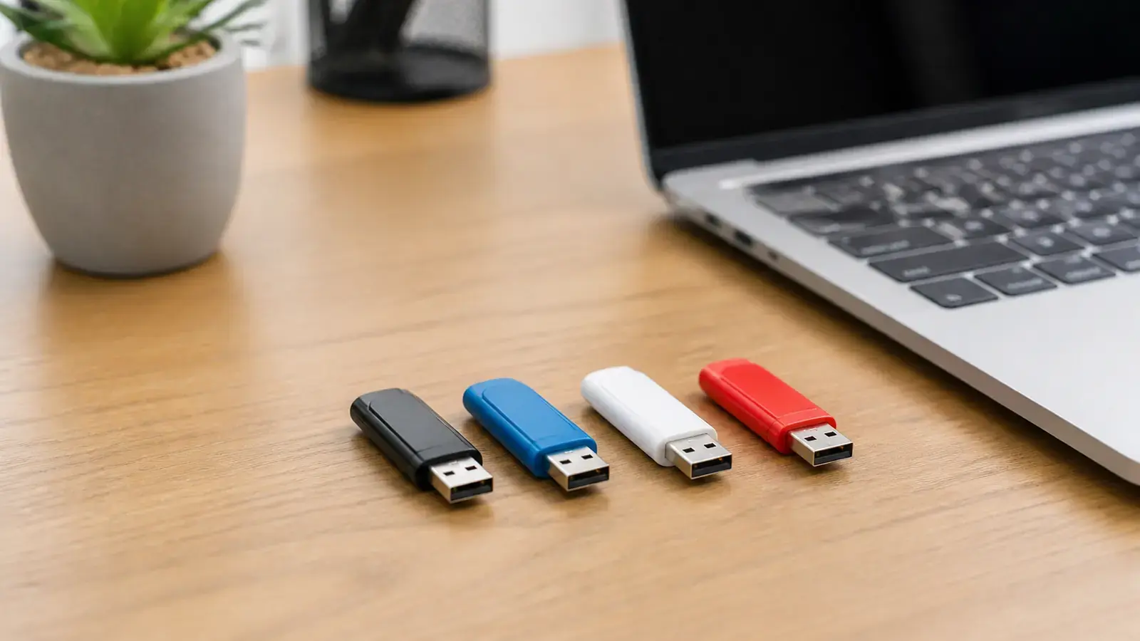 На деревянном столе в ряд лежат четыре USB-флешки разных цветов, на заднем плане размыт ноутбук
