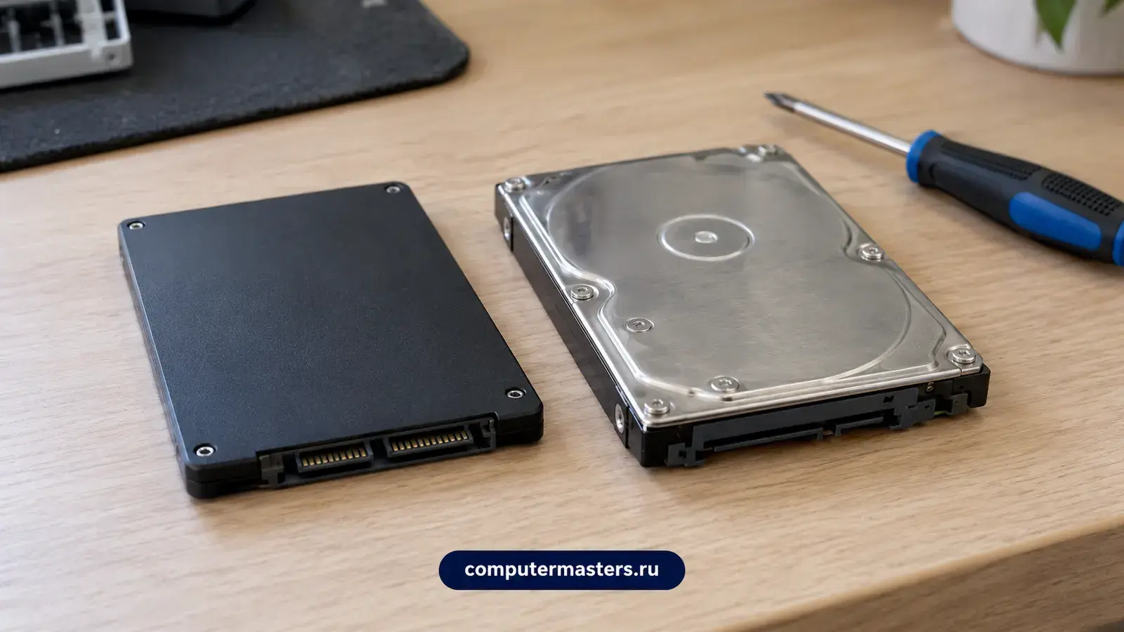 SSD 2,5 дюйма и жёсткий диск того же формата рядом на столе, отвёртка