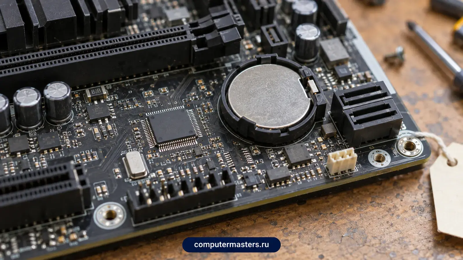 Часть материнской платы ПК: батарейка BIOS, микросхема, разъёмы SATA и бирка на плате