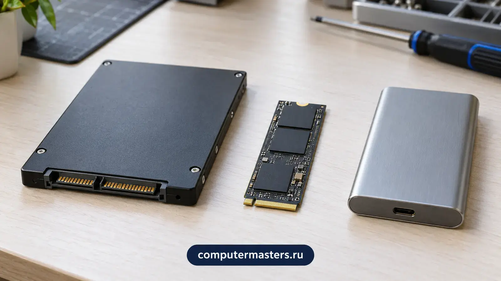 SSD 2,5 дюйма, накопитель M.2 и портативный внешний накопитель рядом на столе