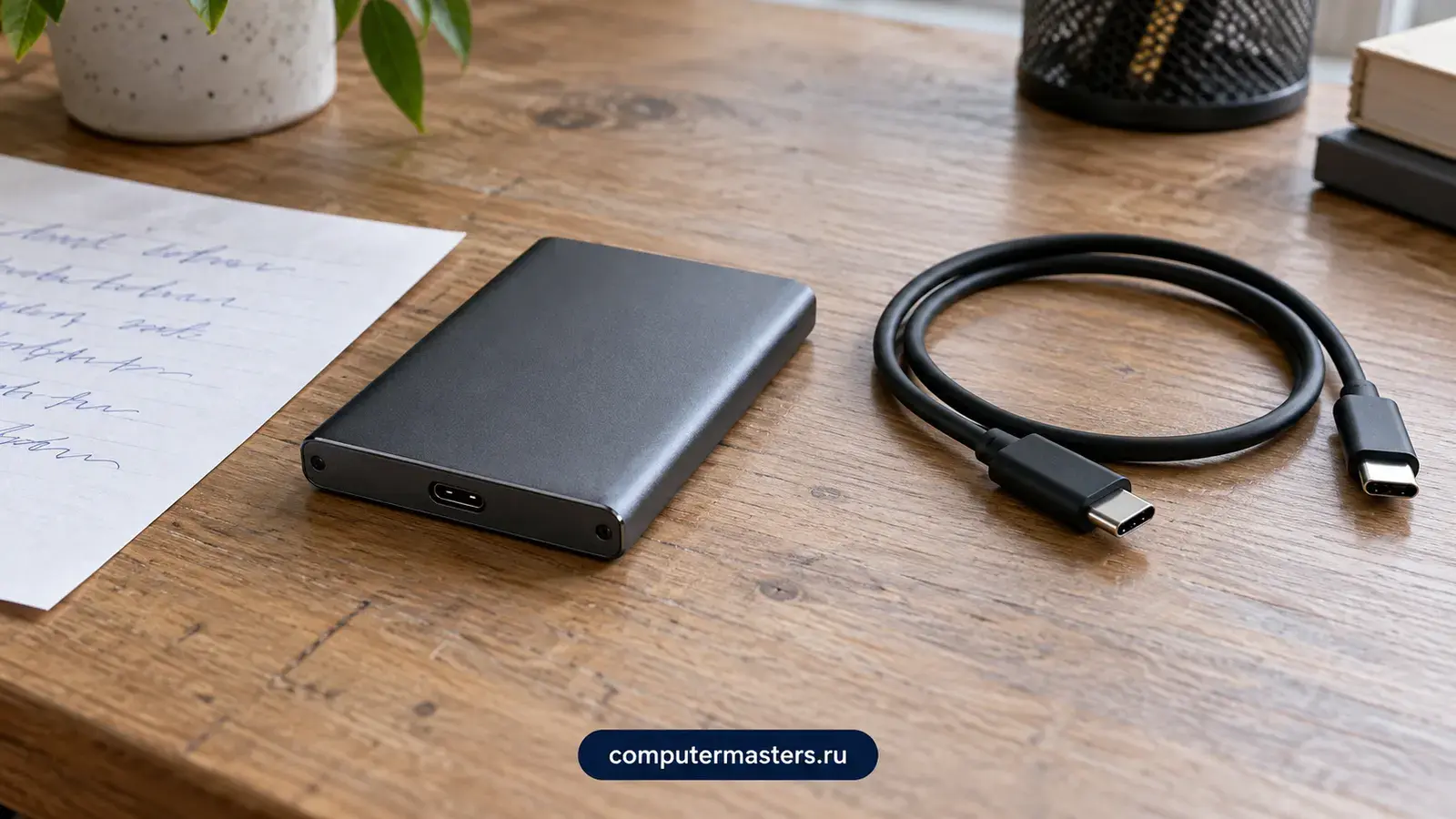 Портативный SSD с кабелем USB-C на столе рядом с листком бумаги