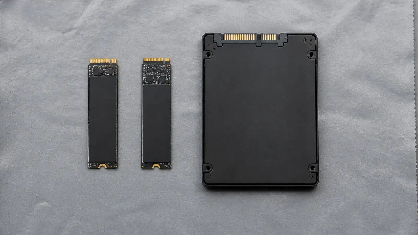 На серой антистатической подложке рядом лежат две планки M.2 SSD и один SSD 2,5 дюйма, вид сверху