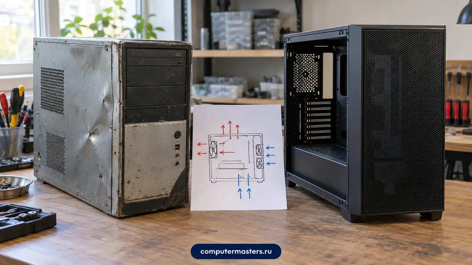 Старый помятый системный блок и новый корпус с сетчатой панелью, между ними схема потоков воздуха