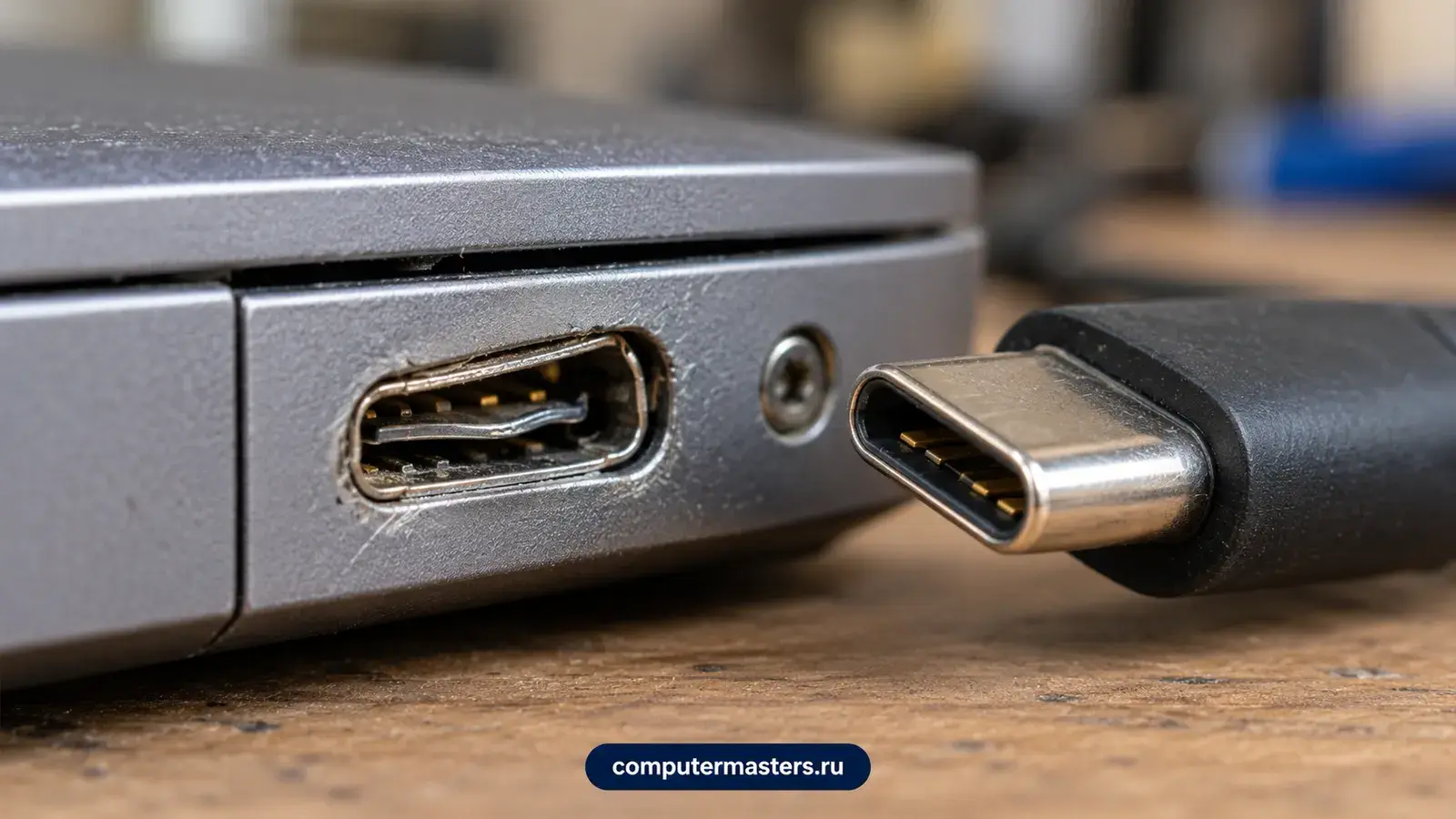 Порт Type-C на боку металлического ноутбука с потёртой окантовкой, рядом штекер кабеля
